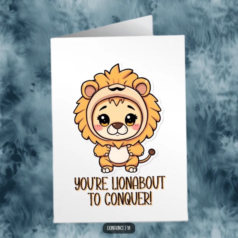 Funny Free Printable Congratulations Card where a character in a lion costume is curiously peeking out to offer praise.