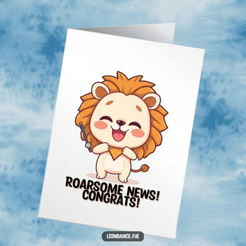 Funny Free Printable Congratulations Card: Character strikes a playful pose with a lion head prop, celebrating achievements.