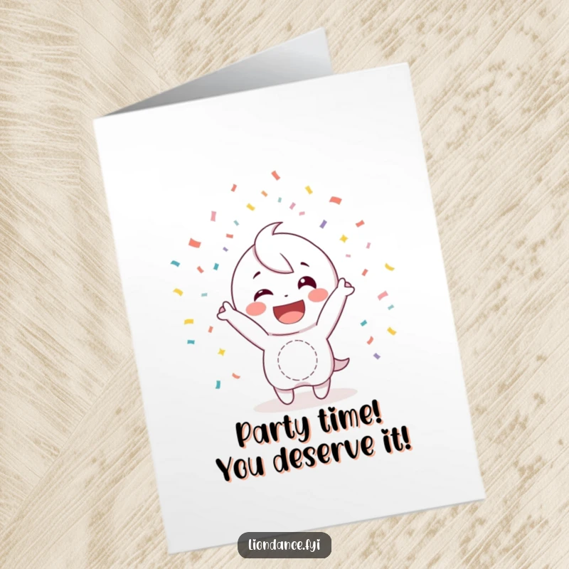 Funny Free Printable Congratulations Card: Happy character tossing confetti with a wide smile, celebrating victories with infectious joy and excitement.