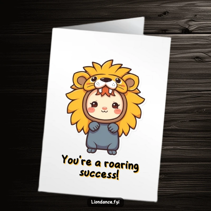 Free Printable Congratulations Card: A small character peeking out from a colourful lion head costume, celebrating.