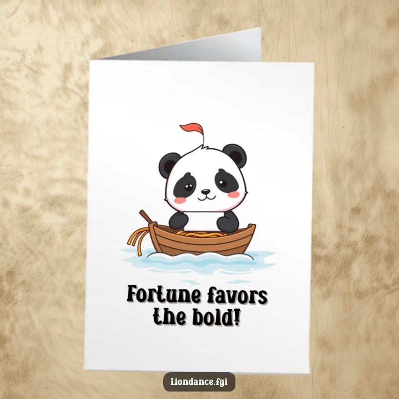Funny Free Printable Congratulations Card: Mischievous panda navigates a noodle ocean in a fortune cookie sailboat.