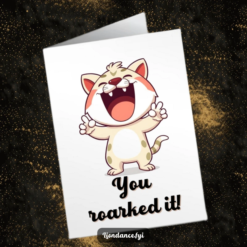 Funny Free Printable Congrats Card: Happy character makes exaggerated gestures, simulating a mighty roar of victory.