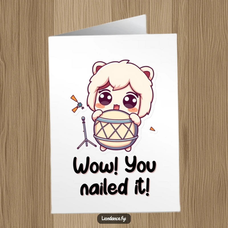 Funny free printable congratulations card showing a character with wide, surprised eyes reacting to the sound of a drum.