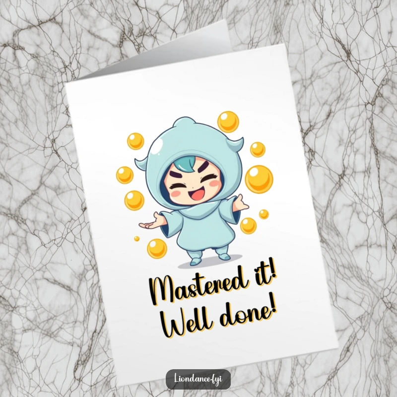 Funny Free Printable Congratulations Card: A character with a mischievous grin juggles golden orbs, celebrating achievements with playful skill.