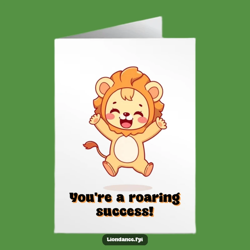 Free Printable Congratulations Card: Lion Character Leaping Success Funny Downloadable Gift
