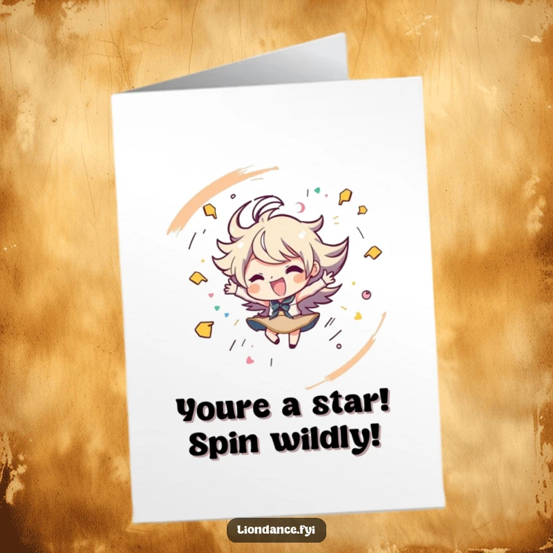 Funny Free Printable Congratulations Card: A character spins with vibrant energy and playful strokes, celebrating a successful achievement.