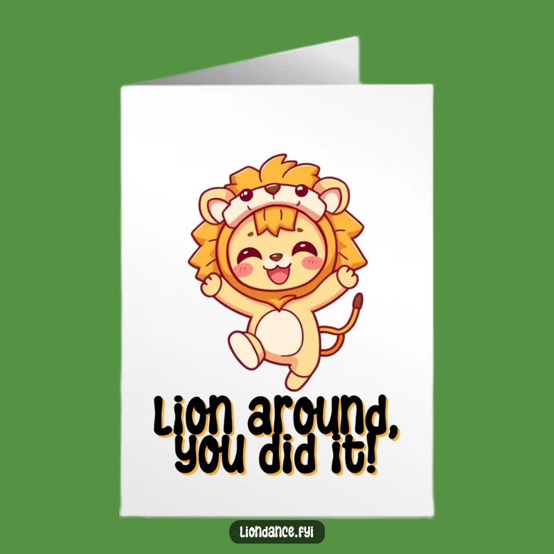 Free Printable Congrats Card: Lion Costume Leaps to Success, Downloadable Humor Gift