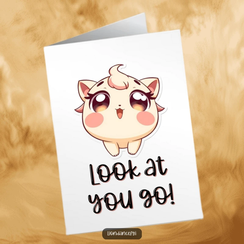 Funny Free Printable Congratulations Card: A character's wide, excited eyes gaze upwards at a flourish, symbolizing awe and achievement.