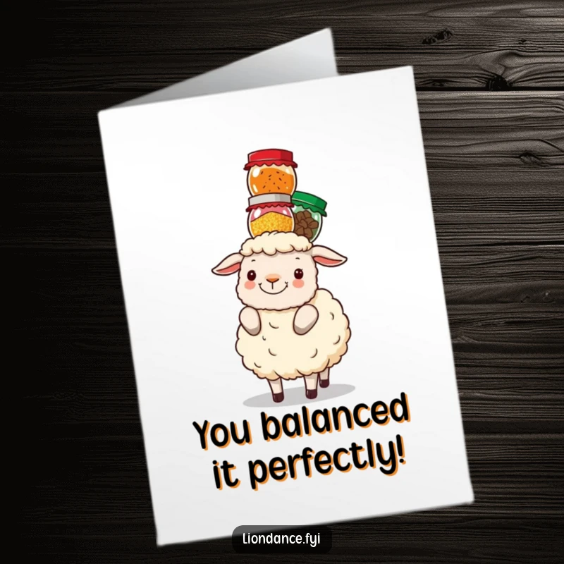 Funny Free Printable Congratulations Card: Fluffy sheep skillfully balances a tall stack of colorful spice jars.