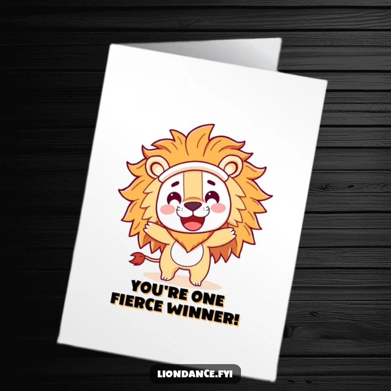 Funny Free Printable Congratulations Card: A character wearing a lion costume head spins happily, celebrating success.