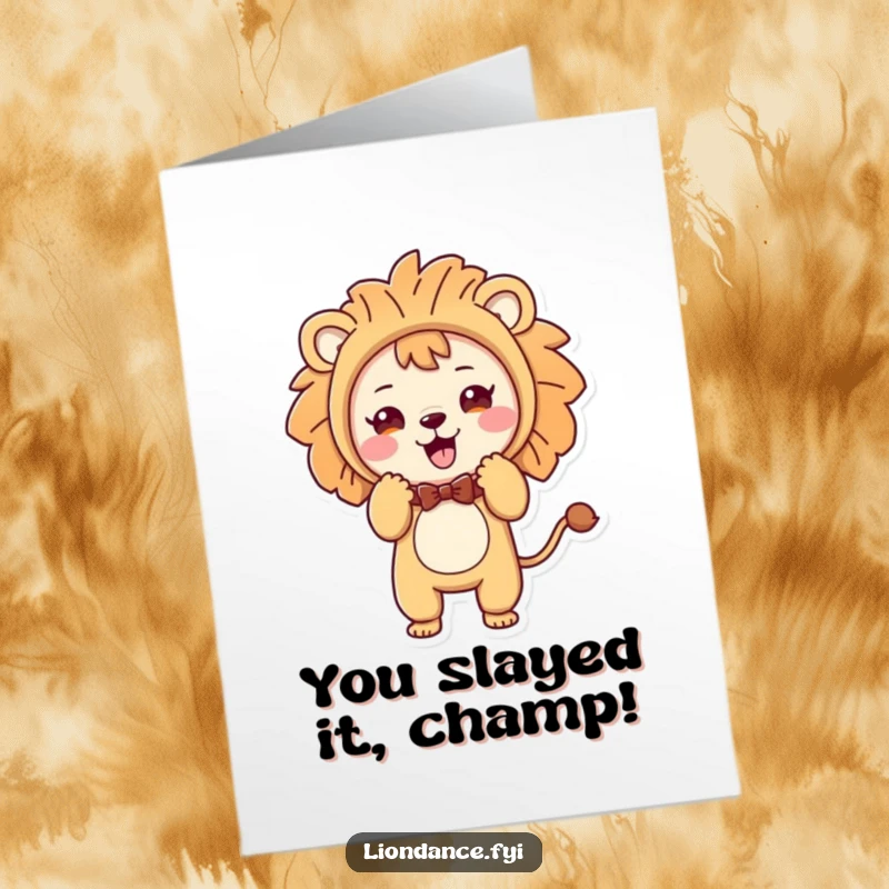 Funny Free Printable Congrats Card: Cute character in a lion costume performs a charmingly playful bow, celebrating success.