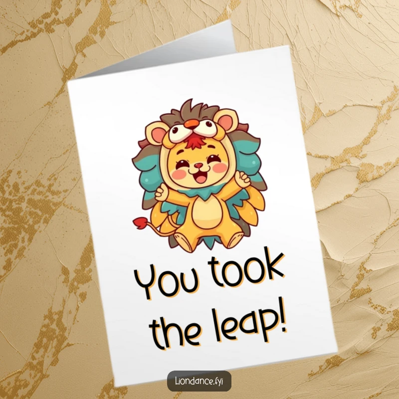 Funny Free Printable Congratulations Card: Character performs a joyful leap emerging from a colorful lion costume, celebrating achievement.