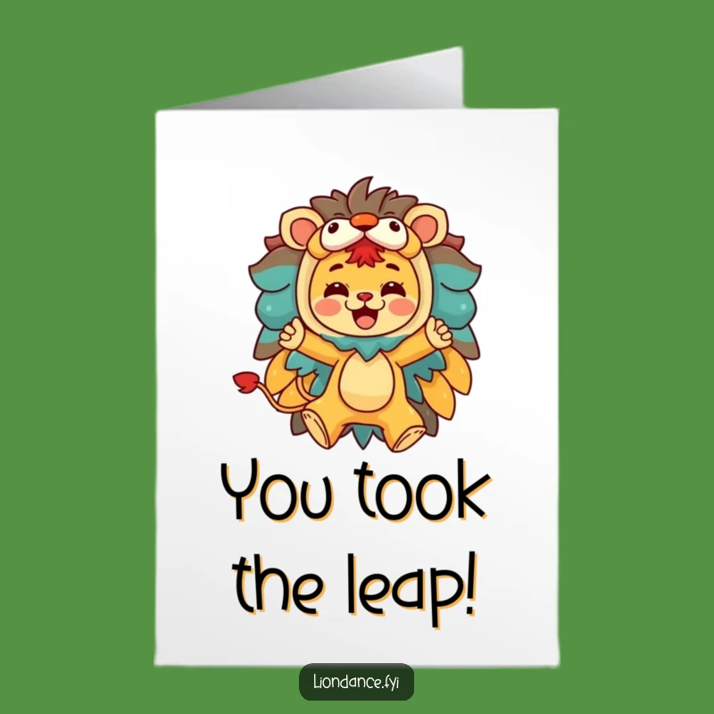Free Printable Congrats Card: Lion Costume Leap - Funny Celebration Downloadable!