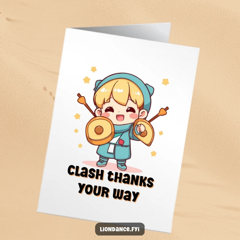 Funny Free Printable Thank You Card: A character joyfully clashing cymbals, making a happy noise to express thanks.