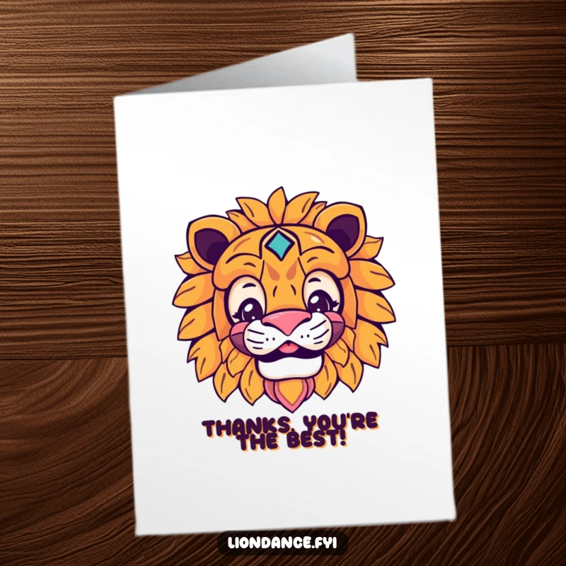 Funny free printable thank you card featuring a character peeking from a vibrant lion mask. A fun and mysterious expression of thanks.