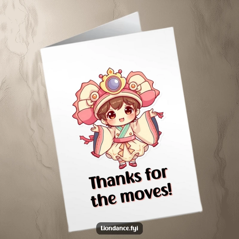 Funny Free Printable Thank You Card: Character moves with elaborate costume flair, delivering a thankful performance with great style.