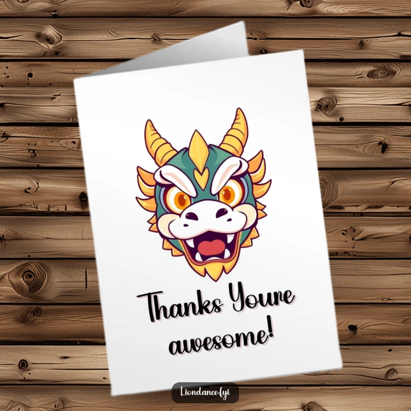 Funny Free Printable Thank You Card: A cute dragon mask with glowing eyes playfully roars, conveying a mighty thank you.