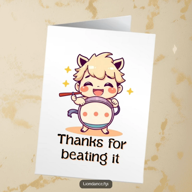 Funny Free Printable Thank You Card: A character joyfully beating a drum with a broad smile, expressing sincere gratitude.