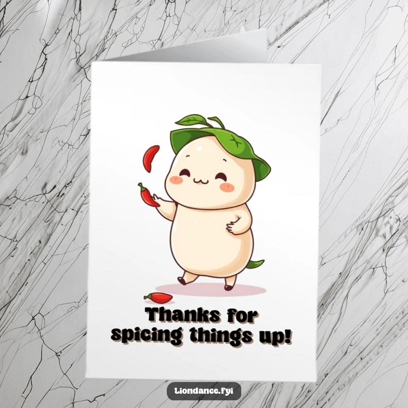 Funny Free Printable Thank You Card: A dancing dumpling juggles tiny chili peppers, its leafy hat adding flair to thanks.