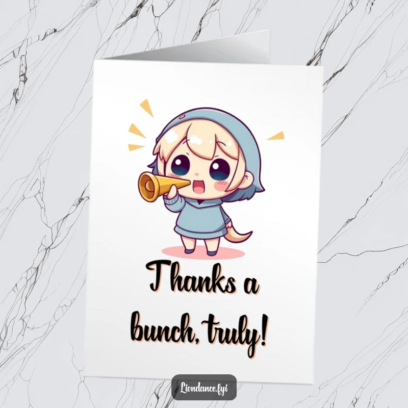 Funny Free Printable Thank You Card showing a character blowing a horn, expressing loud and cheerful appreciation in a humorous way.