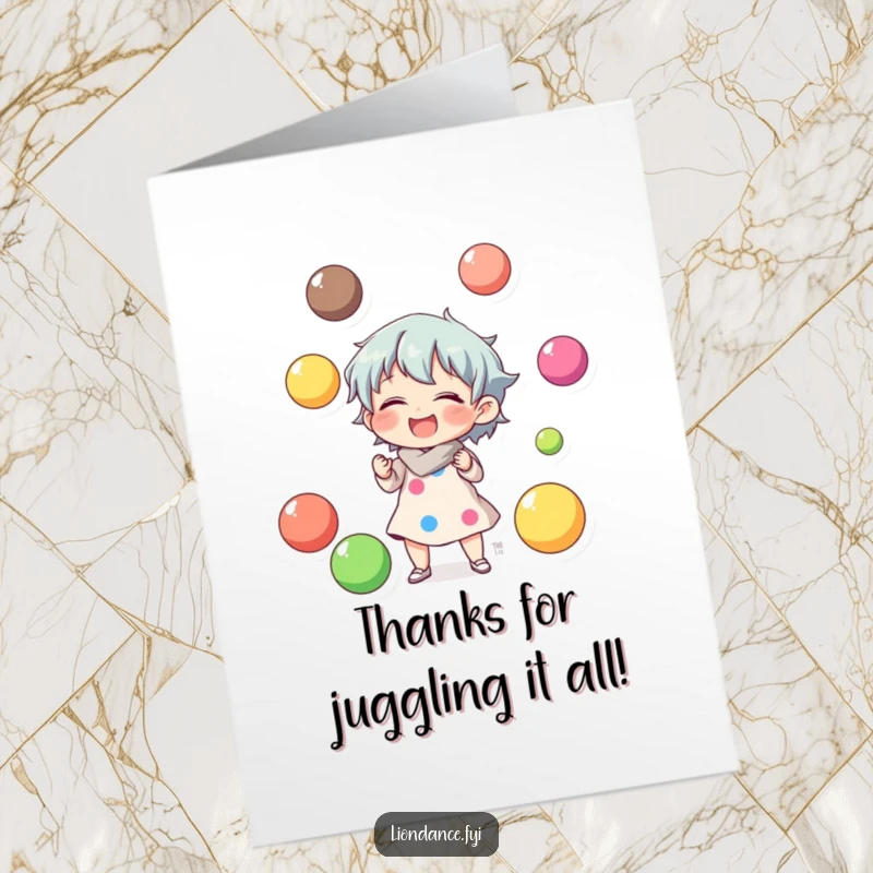 Funny Free Printable Thank You Card: A character juggles colorful balls and laughs, sending thanks with joyous humor.