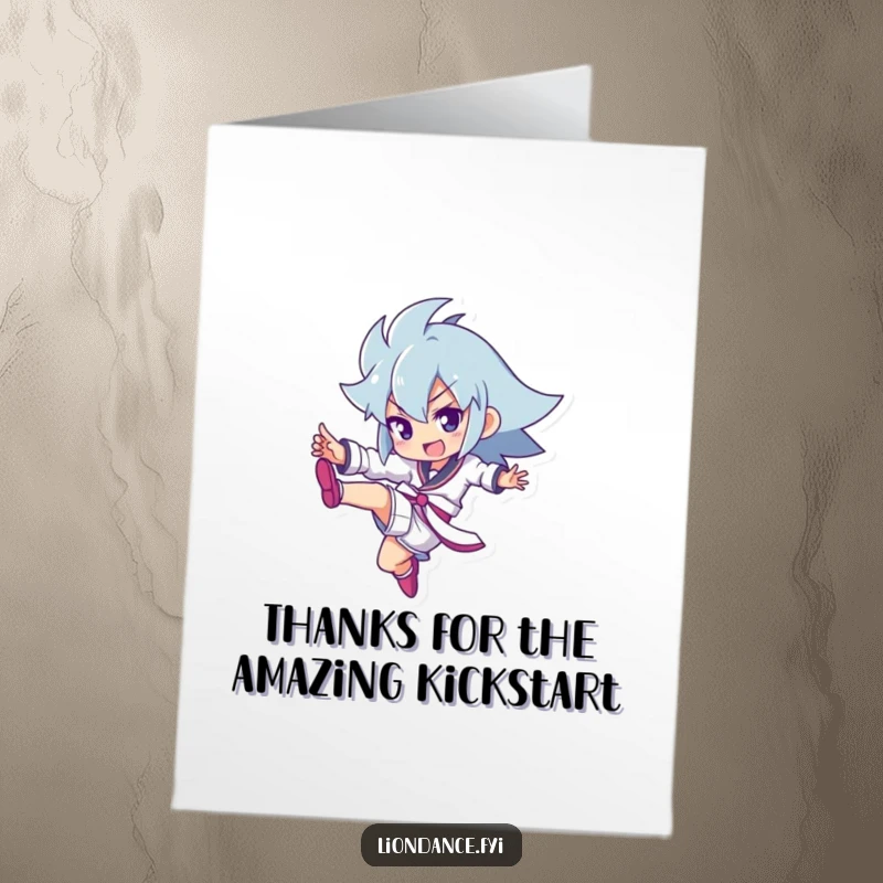 Funny Free Printable Thank You Card depicting a character performing a dynamic kick with a huge smile, expressing vibrant and humorous thanks.