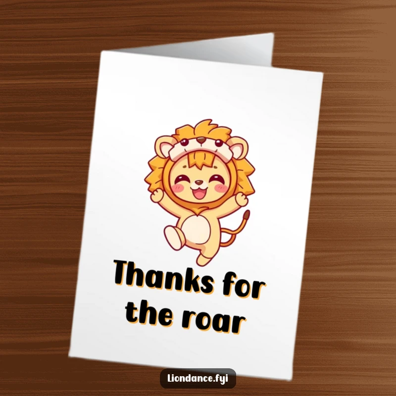 Funny Free Printable Thank You Card: A person in a lion costume leaping with excitement, expressing thankful glee.