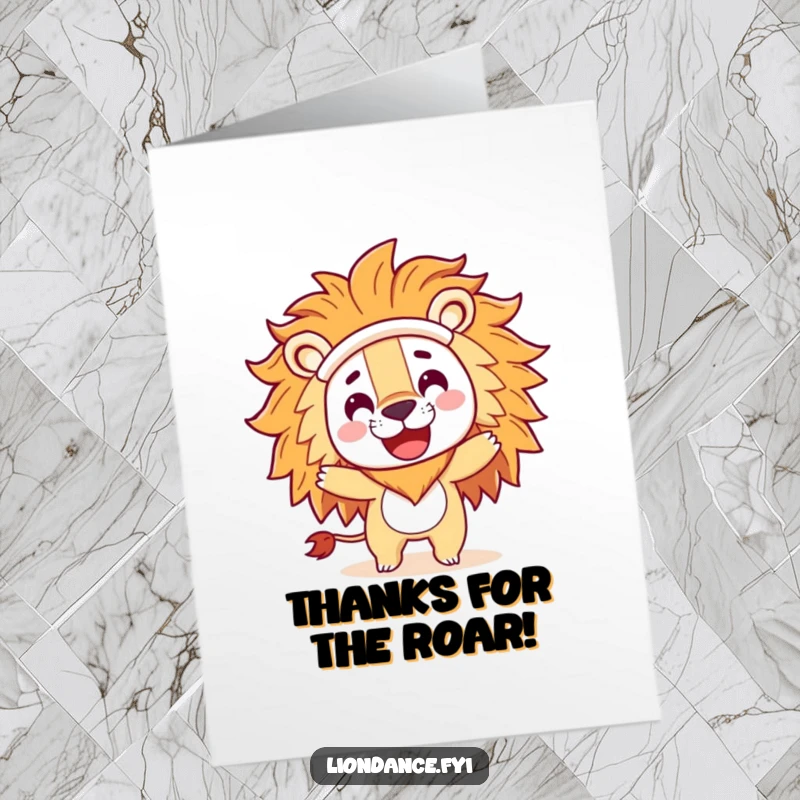 Funny Free Printable Thank You Card: A character in a lion costume head spins with joy, expressing thanks.