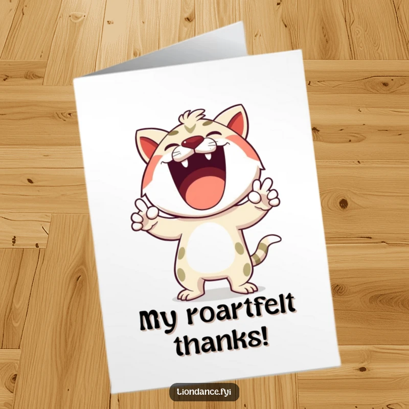 Funny Free Printable Thank You Card: Happy character uses exaggerated gestures to express a powerful, roaring thank you.