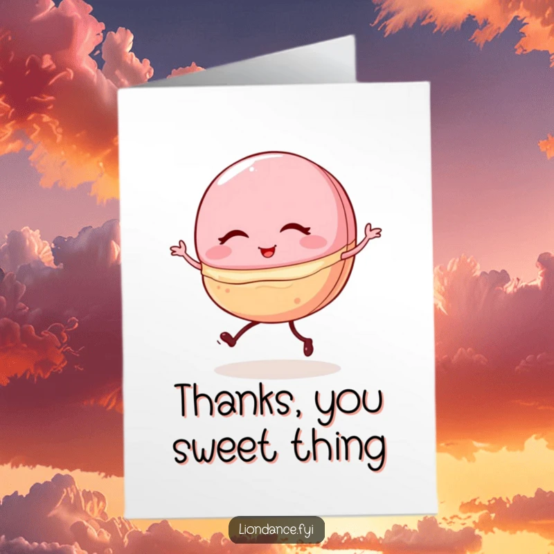 Funny Free Printable Thank You Card: A winking macaron with small legs doing a charmingly shaky ballet pirouette.