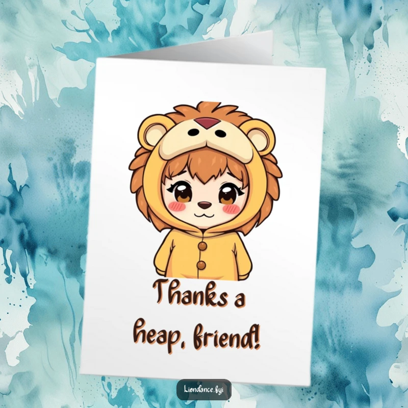 Funny Free Printable Thank You Card: Curious character peeks through a lion costume's eyes, conveying thanks with a playful wink.