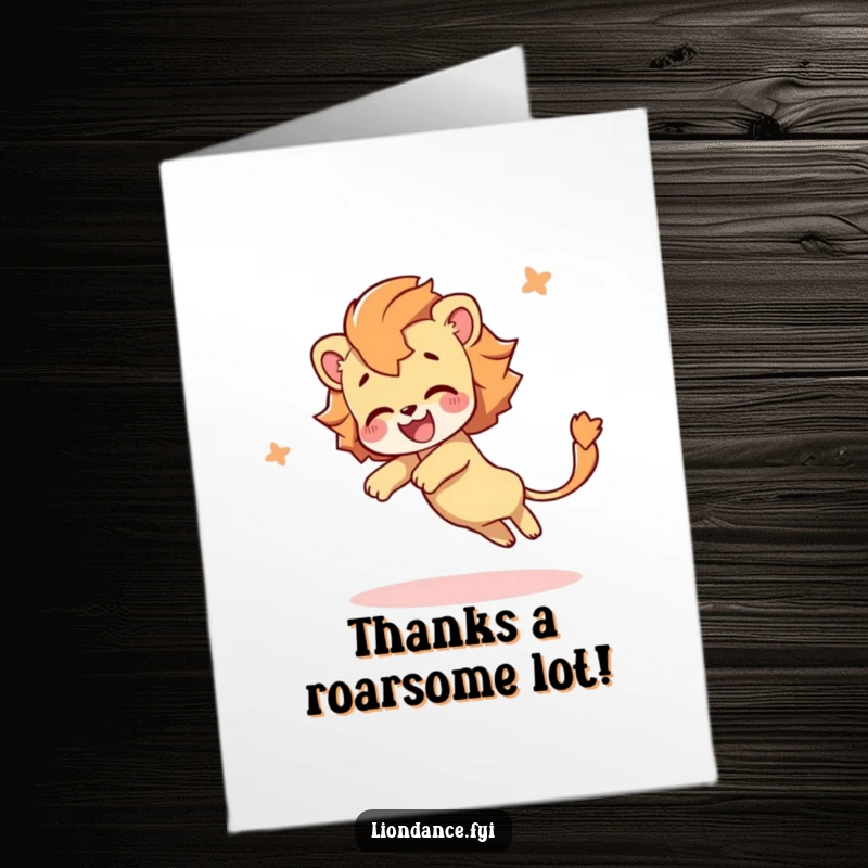 Funny Free Printable Thank You Card: Character tumbles with a flowing lion tail, conveying thanks with playful energy.