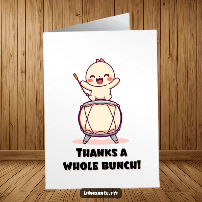 Funny Free Printable Thank You Card: A playful character balancing on a stylized drum, drumming up thanks with energy.