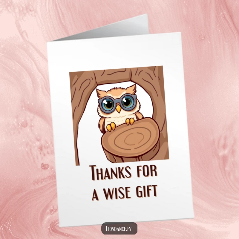 Funny Free Printable Thank You Card: A cute owl with comically large binoculars intensely peering into a hollow log.