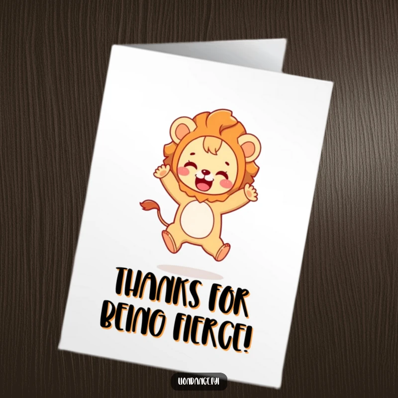 Funny Free Printable Thank You Card with a cute character in a lion costume playfully leaping, a delightful downloadable gift.