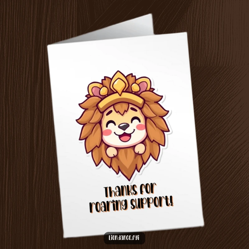 Funny Free Printable Thank You Card: Character peeks out of a lion headdress with a huge grin of gratitude.