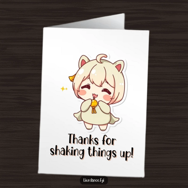 Funny free printable thank you card featuring a jester character shaking a jingling toy to express thanks.