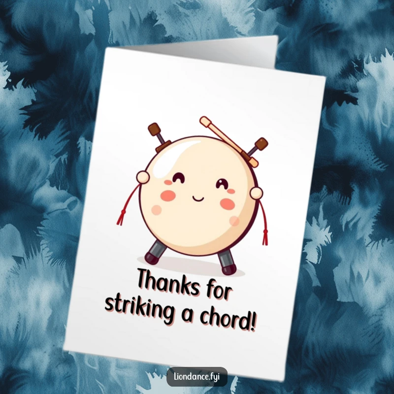 Funny Free Printable Thank You Card: A cute gong prop with mallets poised, ready to strike a loud thank you.