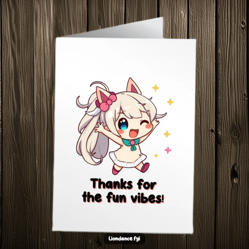 Funny Free Printable Thank You Card: Playful character in a dynamic pose surrounded by swirling streamers, saying thanks.