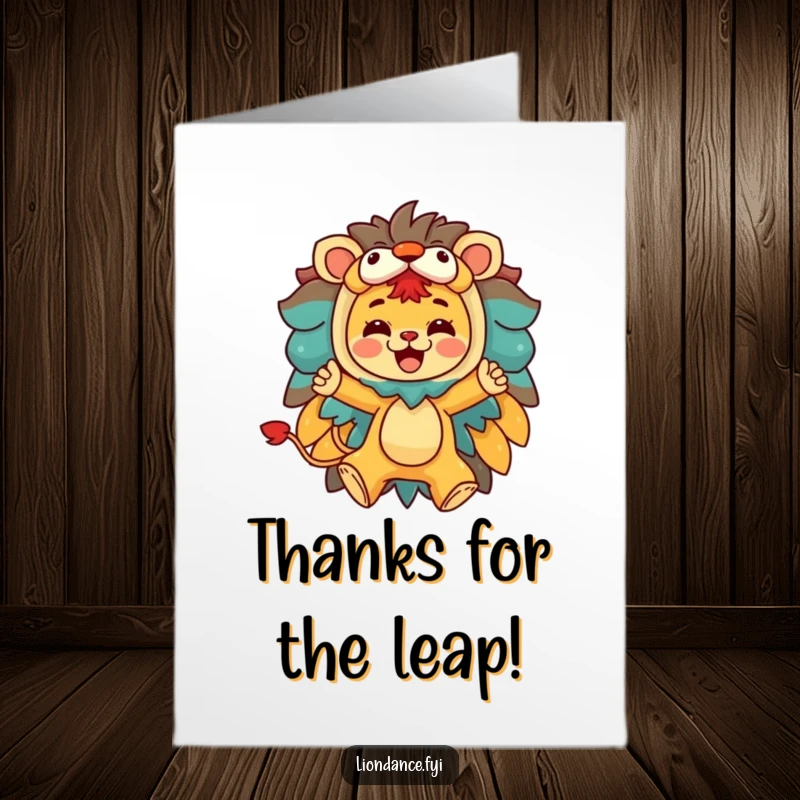 Funny Free Printable Thank You Card: Character joyfully leaps out of a lion costume, conveying thanks humorously.