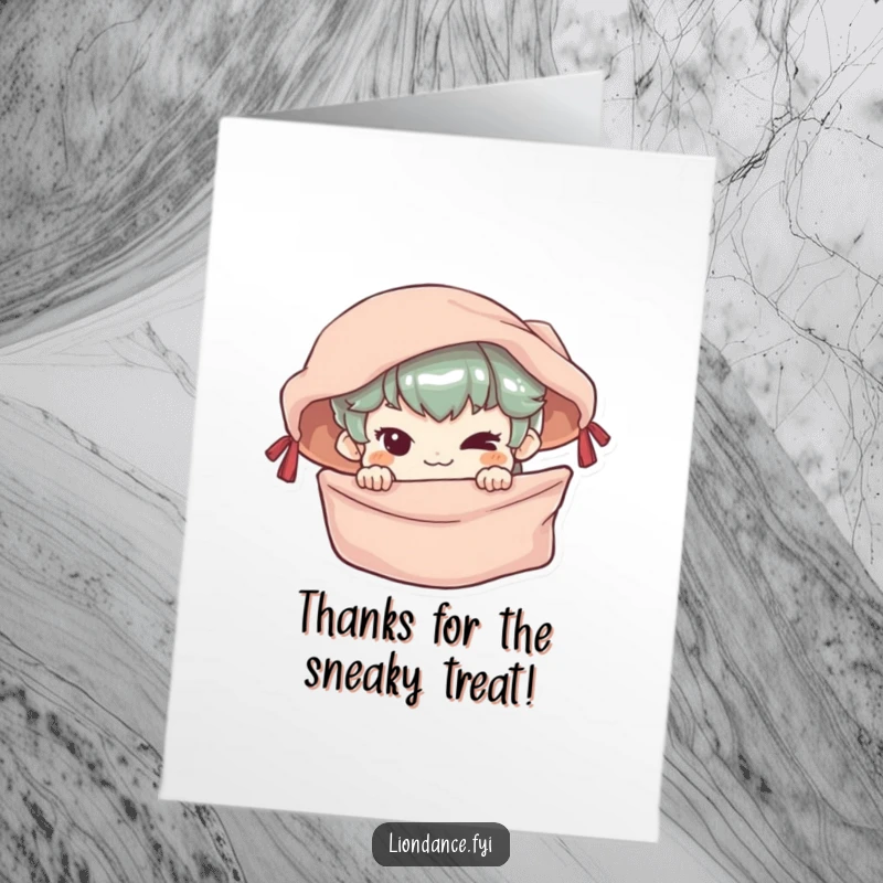 Funny free printable thank you card of a small character with a mischievous grin, peeking from behind a silken banner.