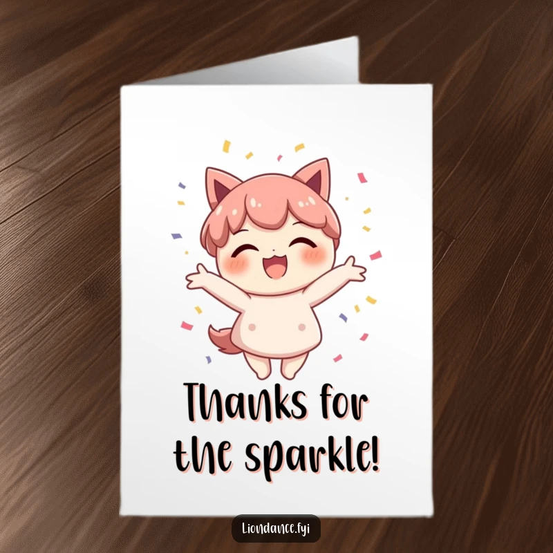 Funny Free Printable Thank You Card: Character smiles brightly while scattering confetti, sending a joyful thank you message.