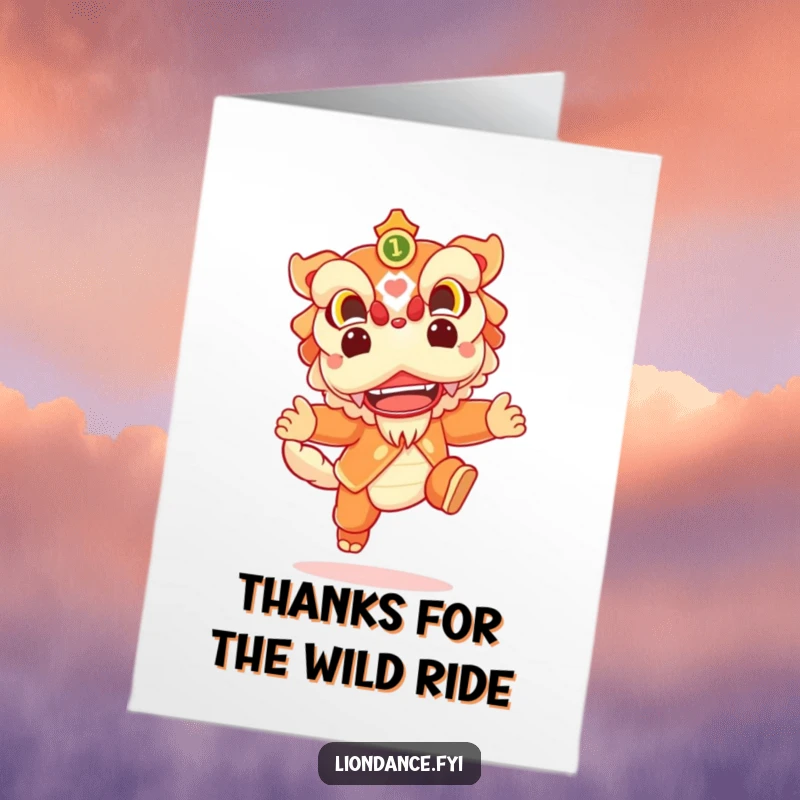 Funny Free Printable thank you card with a cheerful lion dance character in a spirited, joyous leap.