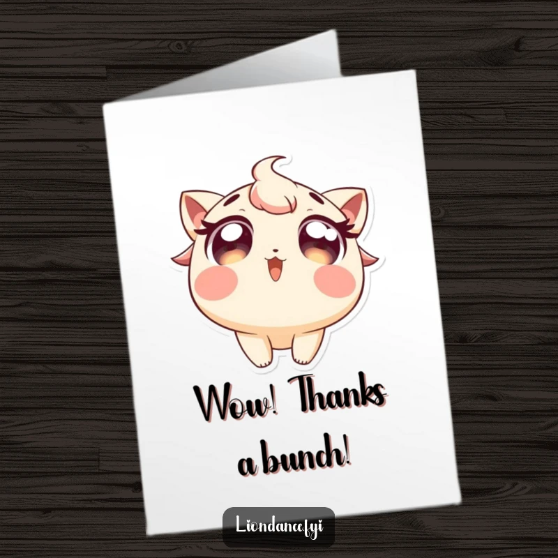 Funny Free Printable Thank You Card: A character with wide, excited eyes looks up at a flourish, conveying sincere and amazed gratitude.