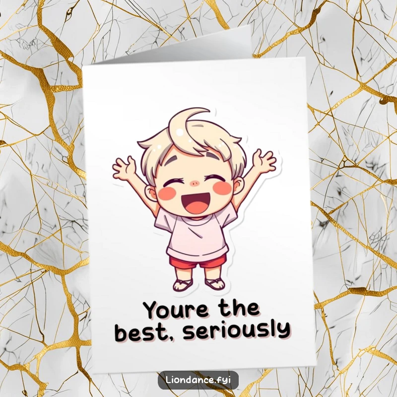 Funny Free Printable Thank You Card: Enthusiastic child with big grin, hands clasped in thanks.