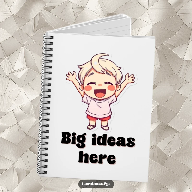 Funny notebook featuring a delighted child character cheering enthusiastically, perfect for capturing ideas with a dose of pure, infectious happiness and energy.