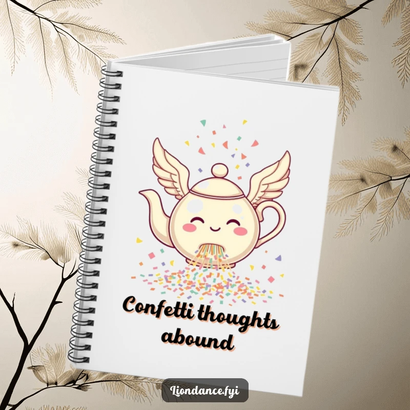 Funny Winged Teapot Notebook cover with a cheerful teapot with wings pouring a cascade of confetti.