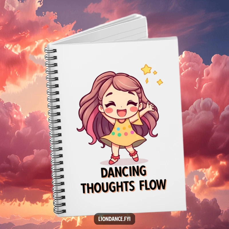 Funny notebook with a jubilant cartoon character dancing energetically, ideal for jotting down creative ideas and joyful thoughts.