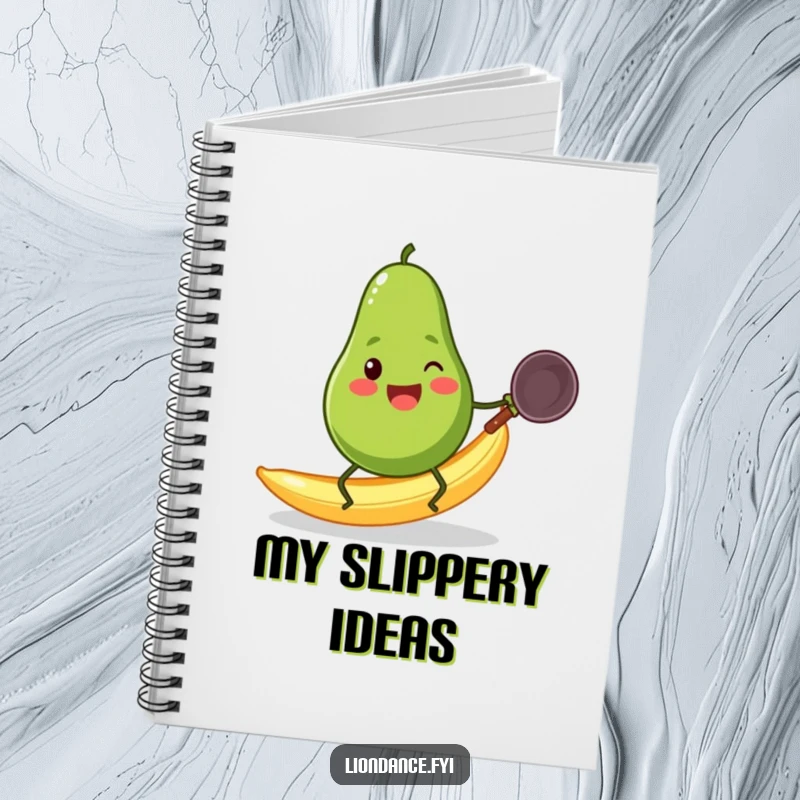 Funny cheerful avocado with tiny legs slipping on a banana peel while holding a wok, on a notebook cover.