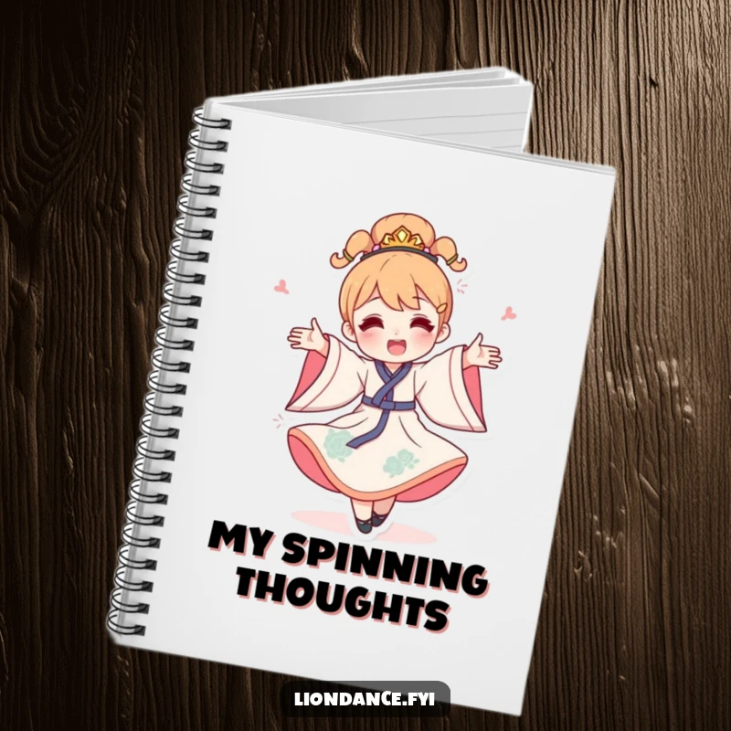 Funny celebration spin notebook featuring a happy character joyfully spinning in costume, great for journaling and notes.